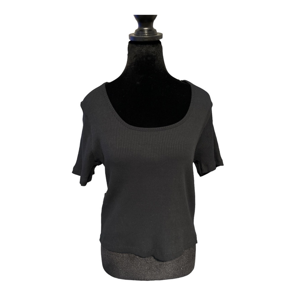 White Birch Ribbed Solid Black Crop Top Open Cut Out Back Stretch Women Size 2X